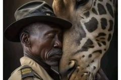 man and giraffe, face to face hug